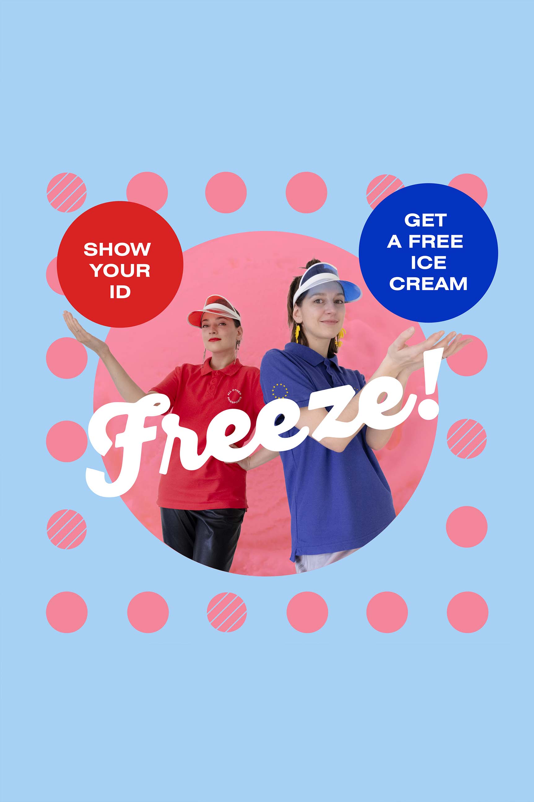 Iskra and Ekaterina dressed as ice-cream vendors for Freeze! performance