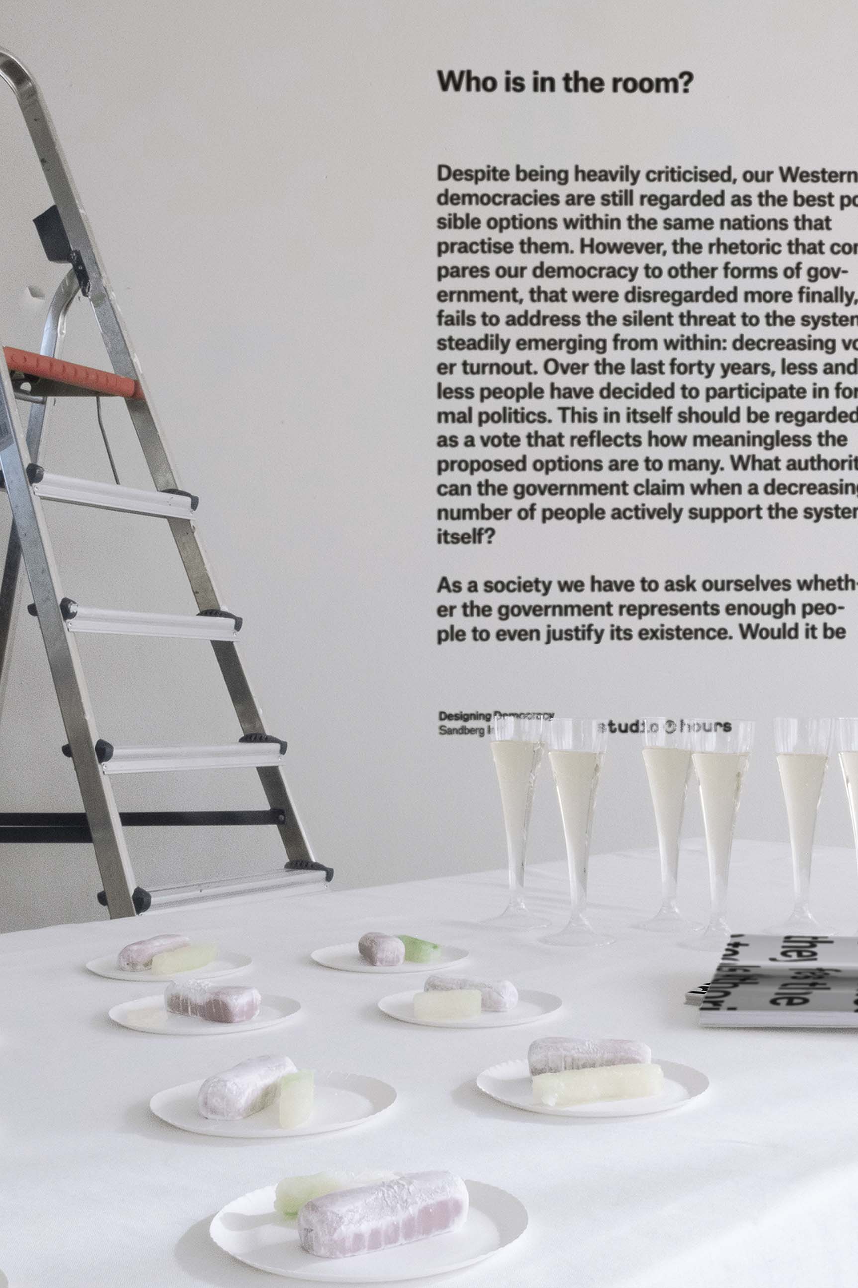wall text, snacks and prosecco at the exhibition opening